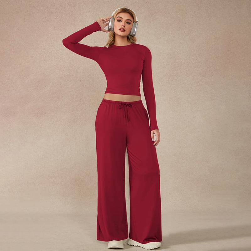 🔥Last day promotion🔥Women's 2-Piece Activewear Set Long-Sleeve Crop Top & Wide-Leg Pants