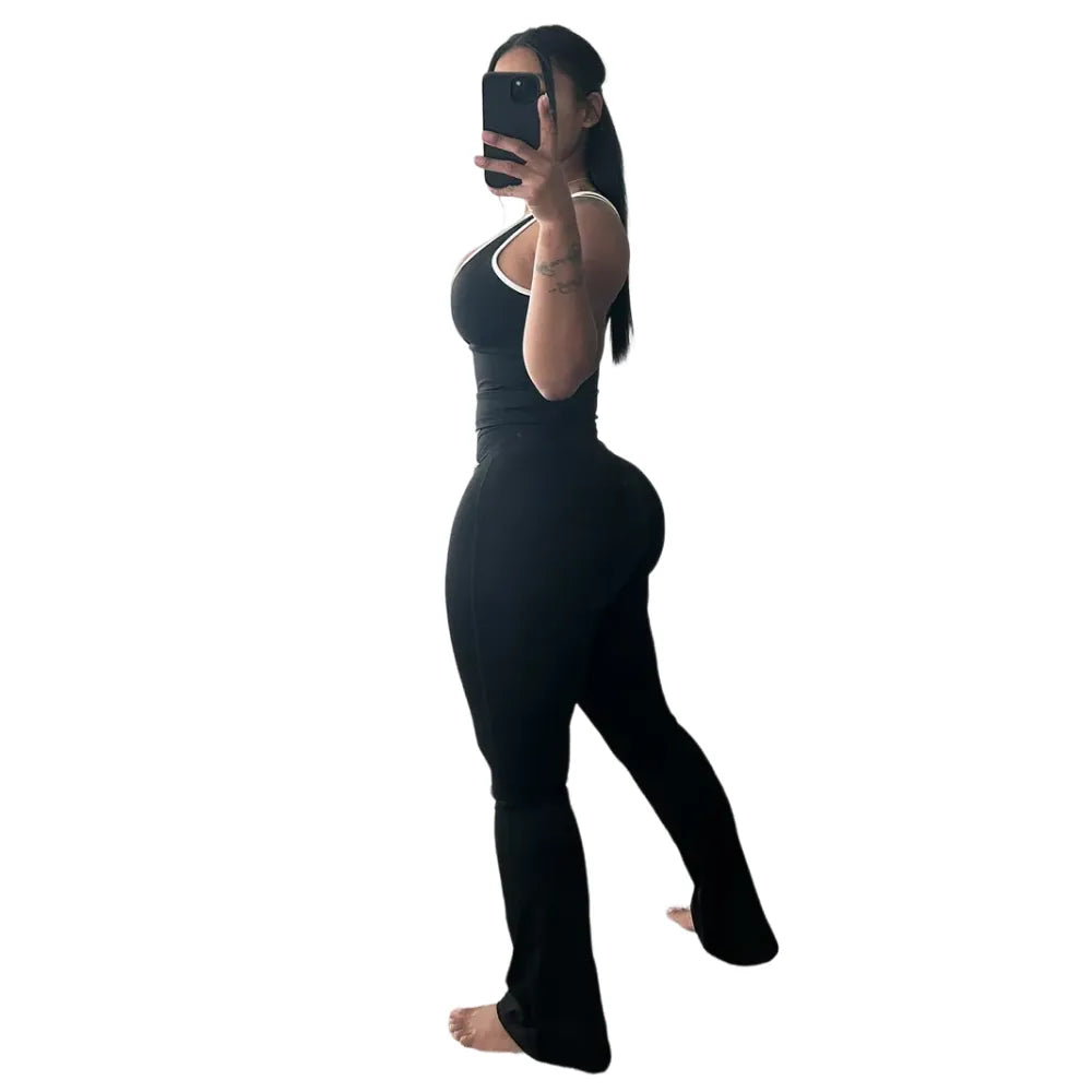 Womens Workout Sets 2 Piece Gym Yoga Outfits Crossover Flare Leggings Crop Tank Top with Contrast Trim