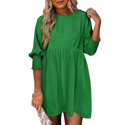 Women's Black Crew Neck Short Sleeve Flowy Swing Mini Tunic Dress
