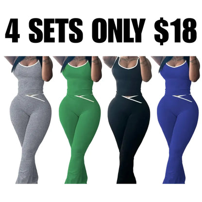 Womens Workout Sets 2 Piece Gym Yoga Outfits Crossover Flare Leggings Crop Tank Top with Contrast Trim