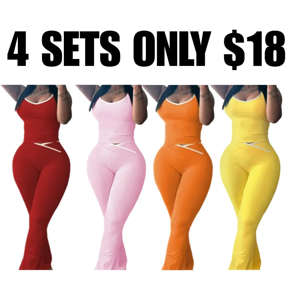 Womens Workout Sets 2 Piece Gym Yoga Outfits Crossover Flare Leggings Crop Tank Top with Contrast Trim