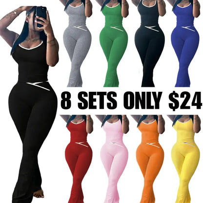 Womens Workout Sets 2 Piece Gym Yoga Outfits Crossover Flare Leggings Crop Tank Top with Contrast Trim