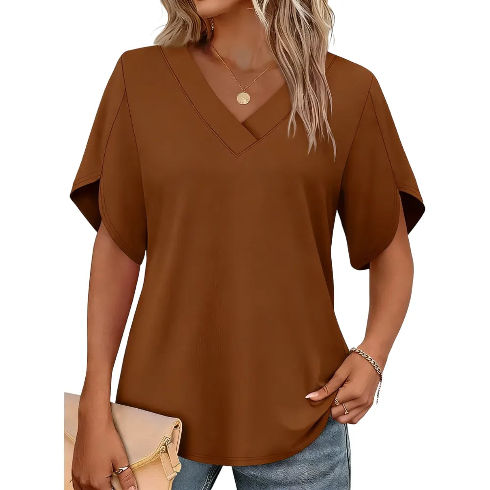 FASHION Womens Summer Tops Short Petal Sleeve Shirts V Neck Outfits Clothes