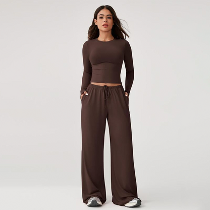 🔥Last day promotion🔥Women's 2-Piece Activewear Set Long-Sleeve Crop Top & Wide-Leg Pants