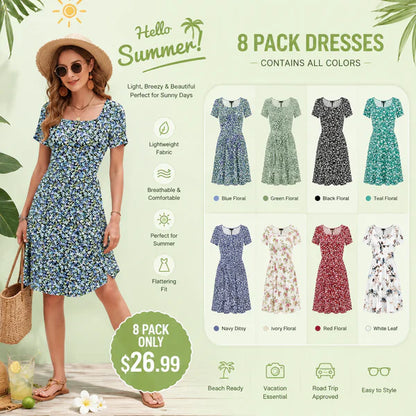 Women Square Neck Ditsy Floral Dress, Ruffle Empire Waist A-Line Sundress With Pockets