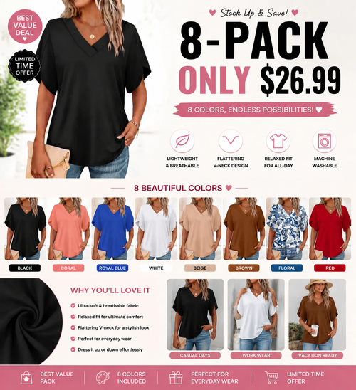FASHION Womens Summer Tops Short Petal Sleeve Shirts V Neck Outfits Clothes