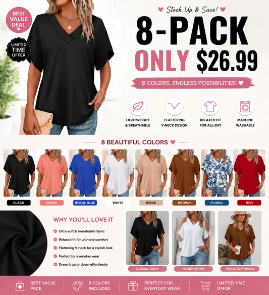 FASHION Womens Summer Tops Short Petal Sleeve Shirts V Neck Outfits Clothes