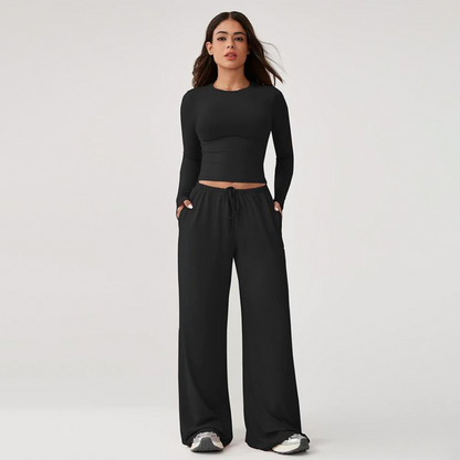 🔥Last day promotion🔥Women's 2-Piece Activewear Set Long-Sleeve Crop Top & Wide-Leg Pants