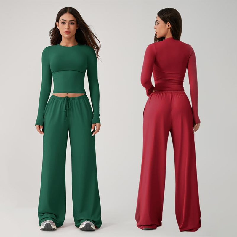 🔥Last day promotion🔥Women's 2-Piece Activewear Set Long-Sleeve Crop Top & Wide-Leg Pants