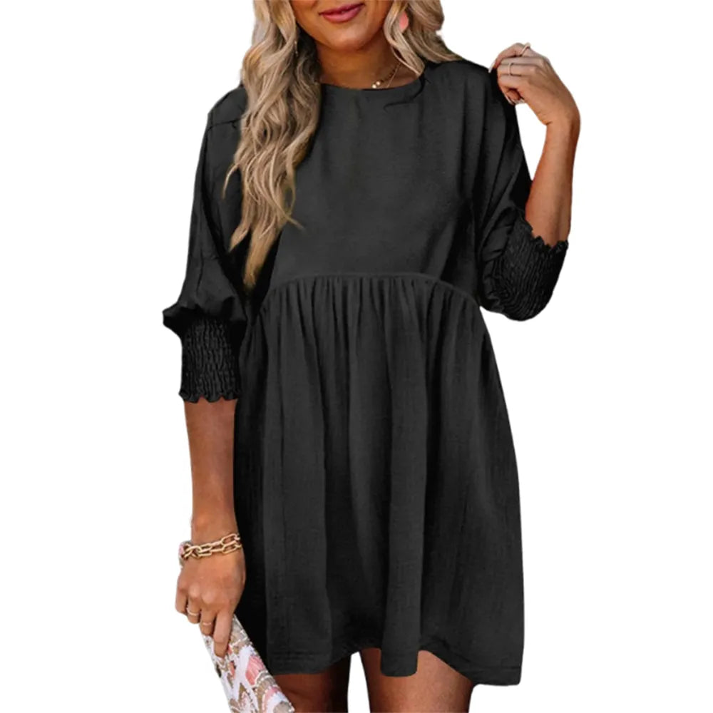 Women's Black Crew Neck Short Sleeve Flowy Swing Mini Tunic Dress
