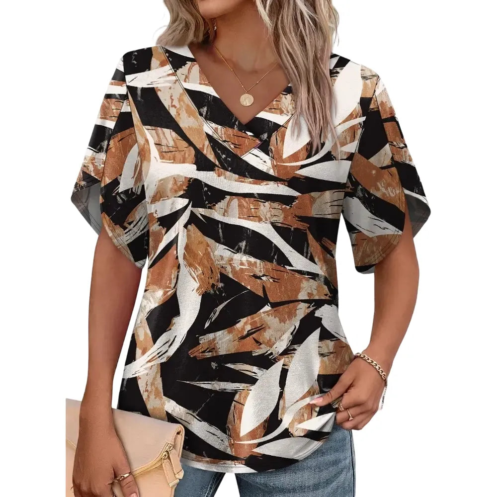 FASHION Womens Summer Tops Short Petal Sleeve Shirts V Neck Outfits Clothes